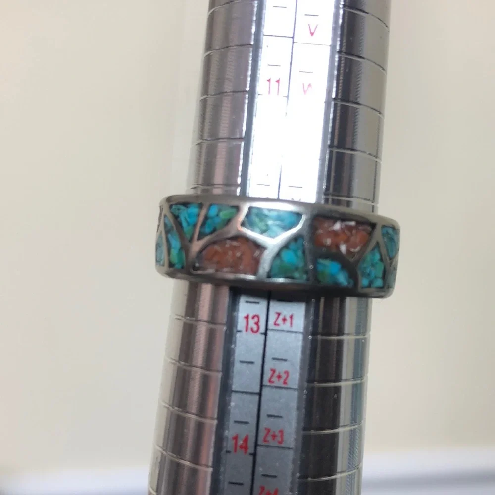 Southwest Native Sterling Silver Crushed Turquoise Coral Mosaic Ring Sz 12-1/2 - Picture 14 of 17